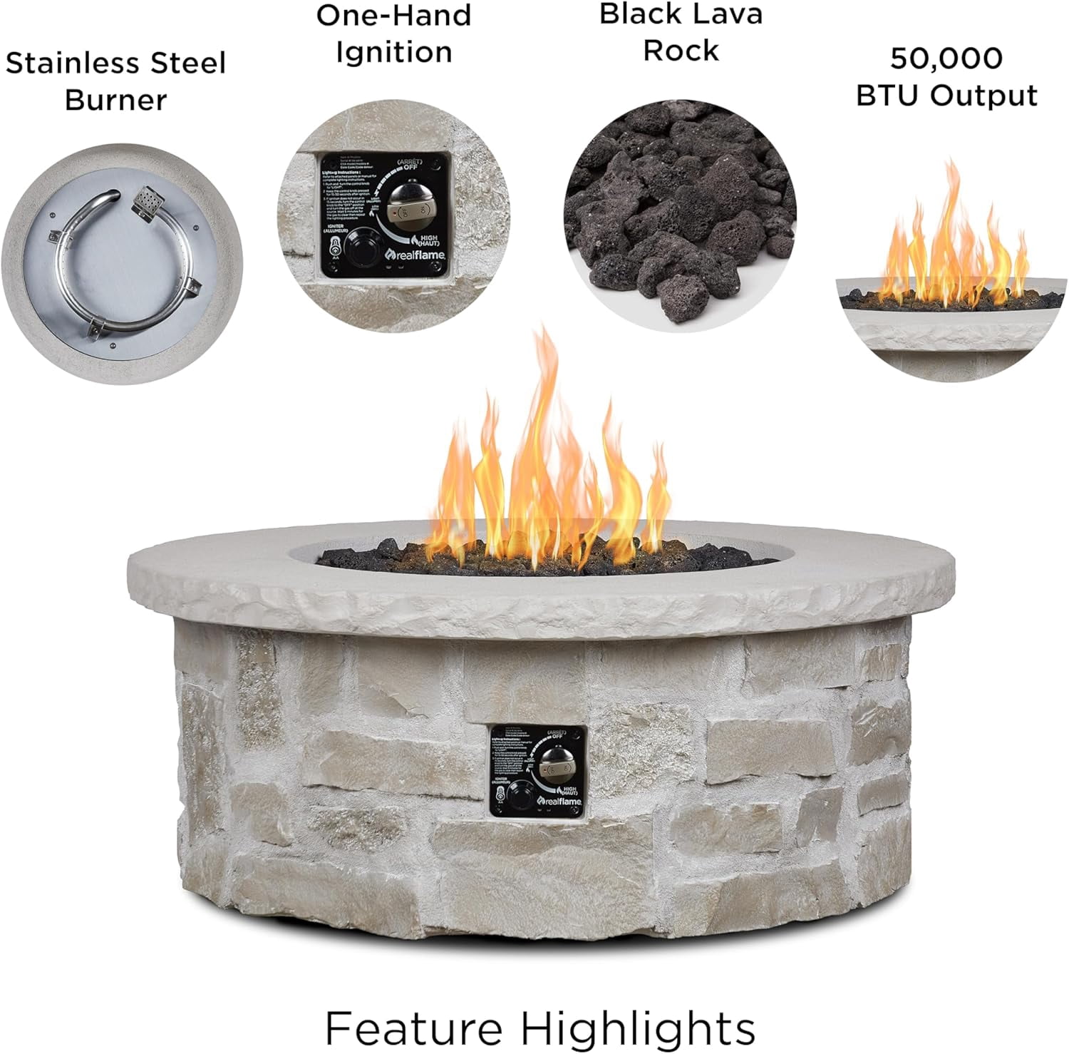 Real Flame Scottsdale 40" Round Stone Propane Fire Pit Table in Beige - Detailed View 3 | EuroLife Furniture