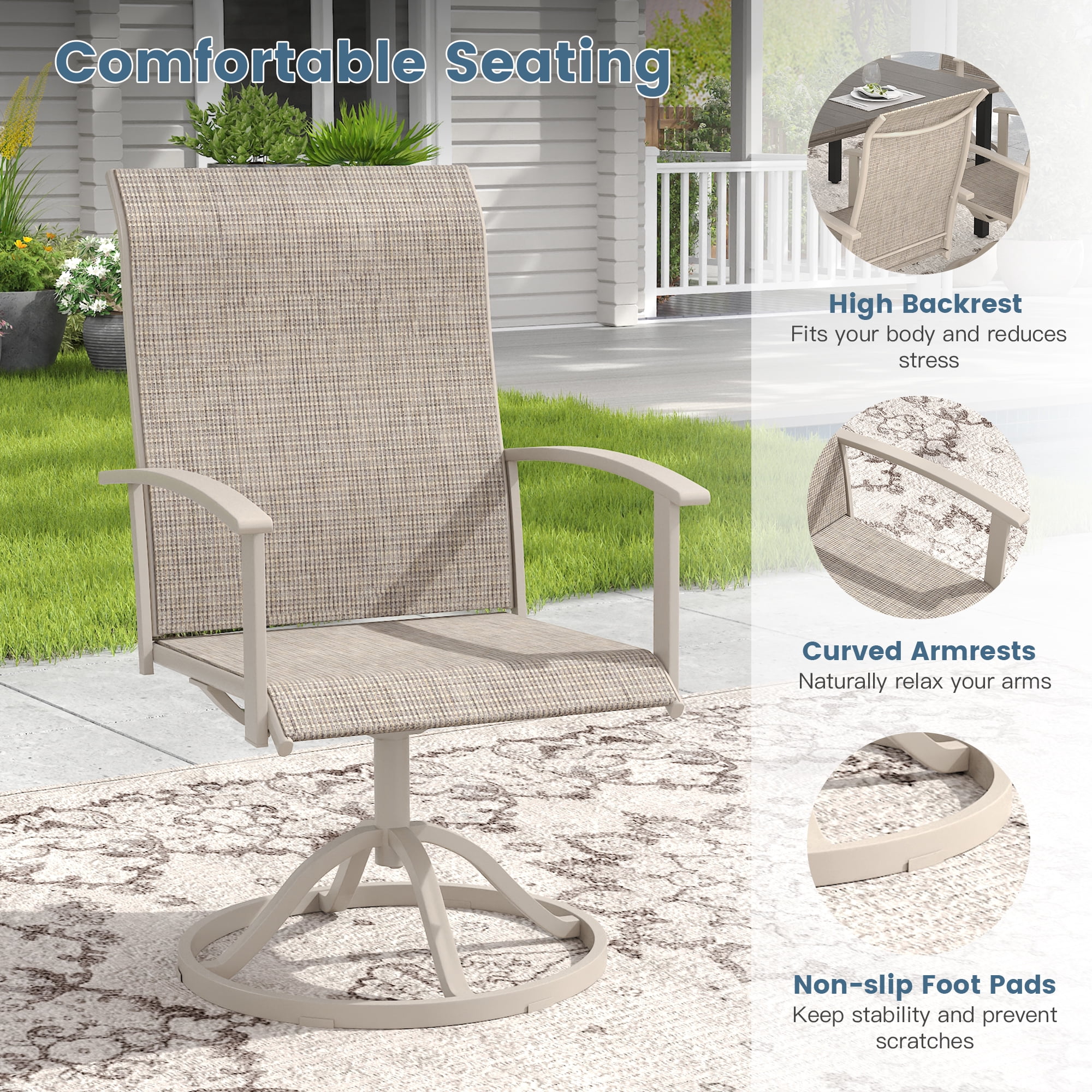 VOXBIN 7 Pieces Outdoor Patio Dining Setalt-63" Rectangle Table and 6 Swivel Chairs for Deck, Lawn and Garden - Detailed View 2 | EuroLife Furniture