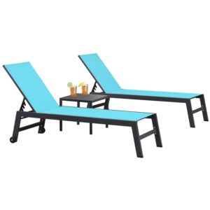 PURPLE LEAF Outdoor Textilene Chaise Lounge with Wheels for Outside Aluminum Patio Lounge Chair with 5 Adjustable Position Recliner for Patio, Beach, Yard, Pool, Side Table Included