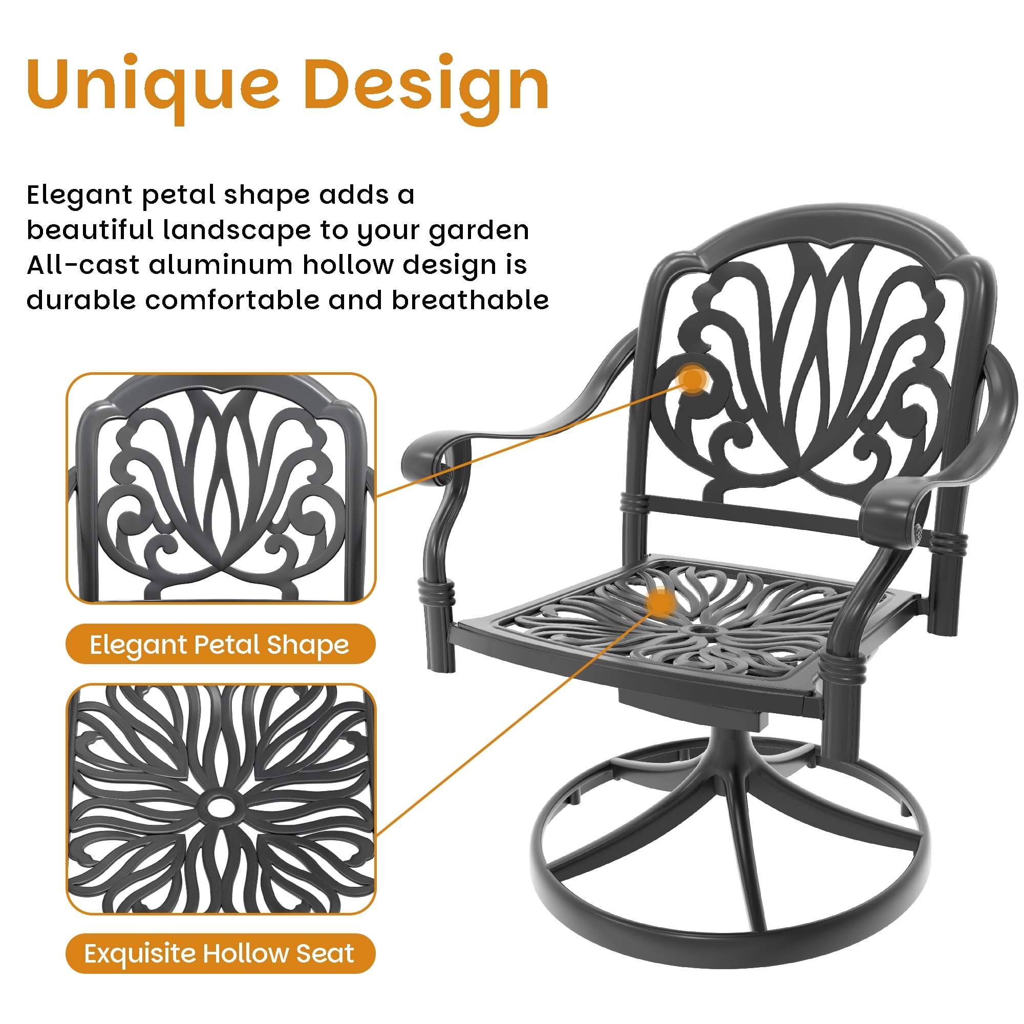 Hzzkey 5-Piece Patio Dining Set, 58.27" Rectangle Table with Umbrella Hole, 4 Swivel Chairs, Brown - Detailed View 6 | EuroLife Furniture