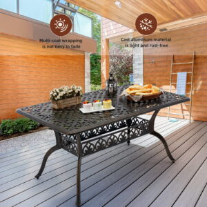 7 Piece Retro Outdoor Dining Set, Cast Aluminum Patio Set Includes 59” Rectangular Table, 6 Chairs with Thicker Cushions, and Umbrella Hole for Patio, Deck, Garden