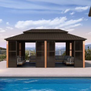 PURPLE LEAF Bronze Frame Sunroom Hardtop Gazebo Solarium Wood Grain Columns Galvanized Steel Double Roof All-Weather Screen House