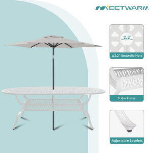 MEETWARM 9-Piece Outdoor Furniture Dining Set, All Weather Cast Aluminum Patio Garden Set with 8 Chairs,1 Oval Table, 2.2" Umbrella Hole, White