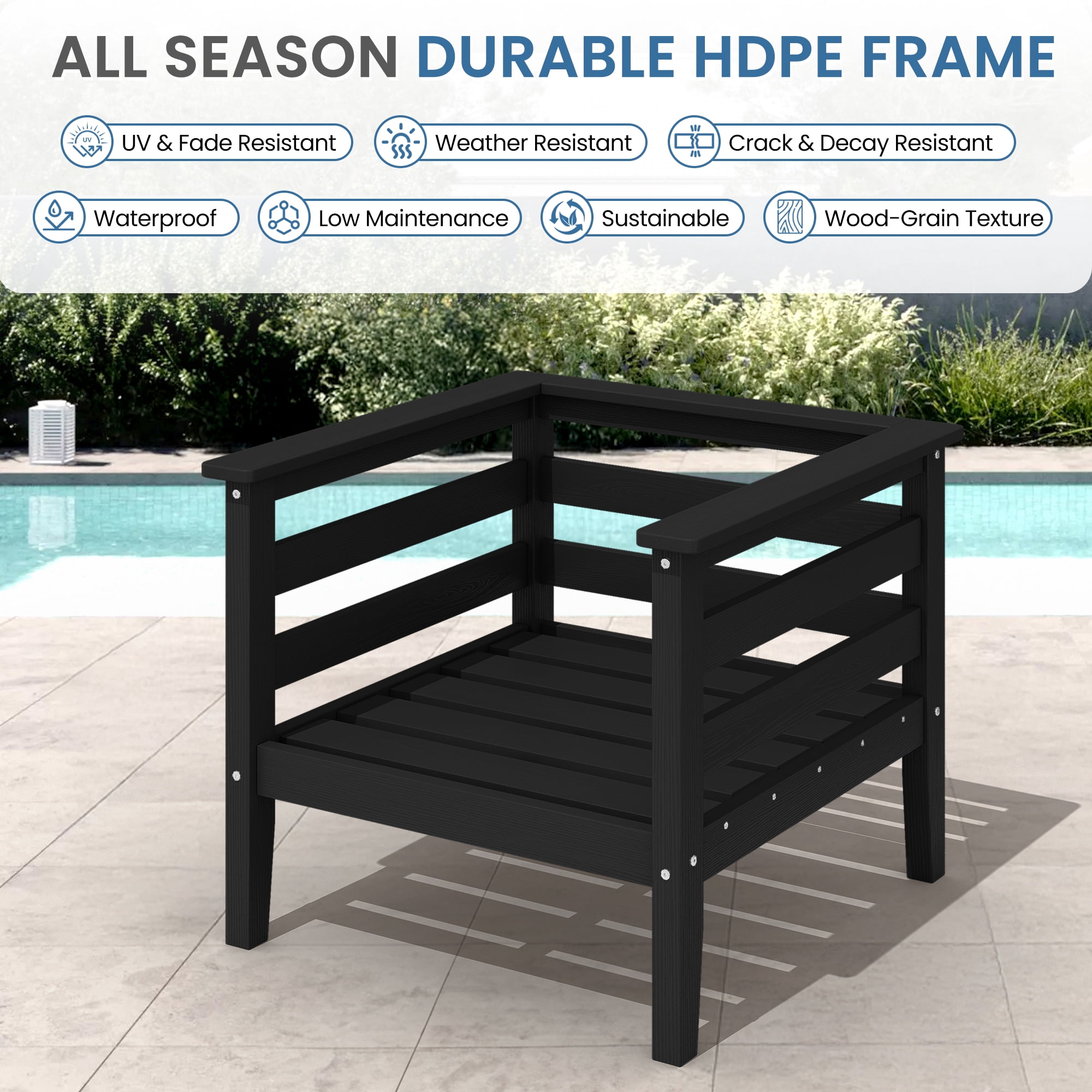 SERWALL HDPE 8 Pieces Patio Furniture Set, All-Weather Outdoor Sectional Sofa Couch Set, Patio Conversation Set with Coffee Table, Ottomans & Cushions, Black/Khaki - Detailed View 2 | EuroLife Furniture