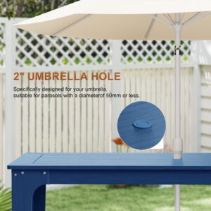 Kaleemen 7-Piece HDPE Patio Dining Set, Table with Umbrella Hole and 6 Chairs, Never Sagging One-Piece Tabletop with Metal Support Bars, Blue