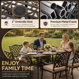 7-Piece Outdoor Dining Set Cast Aluminum Retro Balcony Patio Dining Set for 6, 59'' Table with Umbrella Hole and 6 Chairs with Cushion