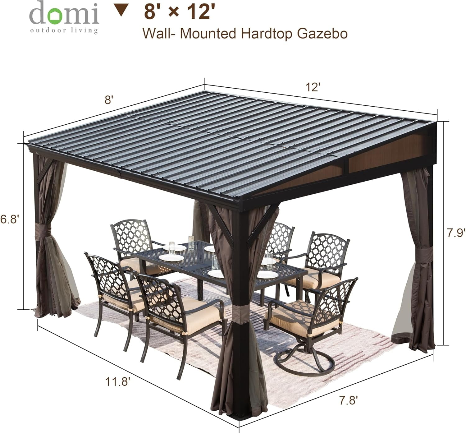 Domi Outdoor Living 8' x 12' Hardtop Lean-to Gazebo, Wall-Mounted with Galvanized Steel Roof Wall Pergola with Aluminum Frame, Curtains and Netting, for Patio, Deck, Garden, Backyard - Detailed View 2 | EuroLife Furniture