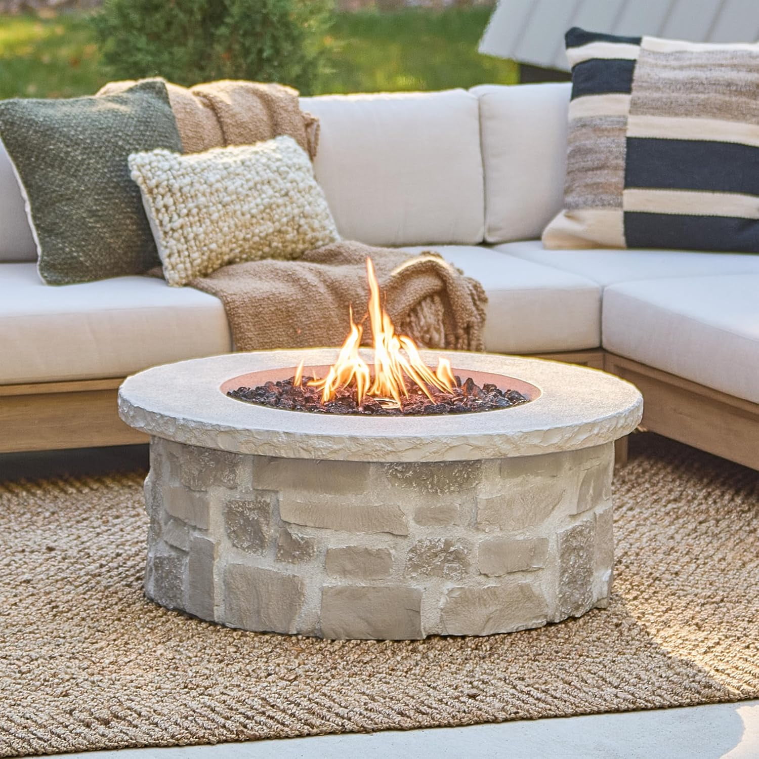 Real Flame Scottsdale 40" Round Stone Propane Fire Pit Table in Beige - Detailed View 2 | EuroLife Furniture