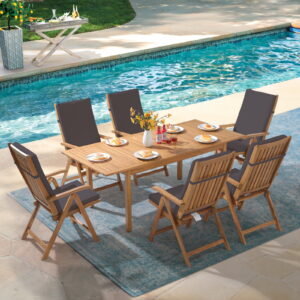 7 Piece Patio Dining Set, Outdoor Acacia Wood Furniture Set, Extendable Rectangular Table and 6 Foldable Reclining chairs /Removeable Cushion, FSC Certified, for Deck Garden Backyard