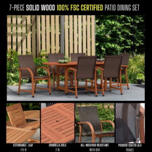 Bahamas 7-Piece Extendable Oval Patio Dining Set, Eucalyptus Wood, Ideal for Outdoors and Indoors, Brown