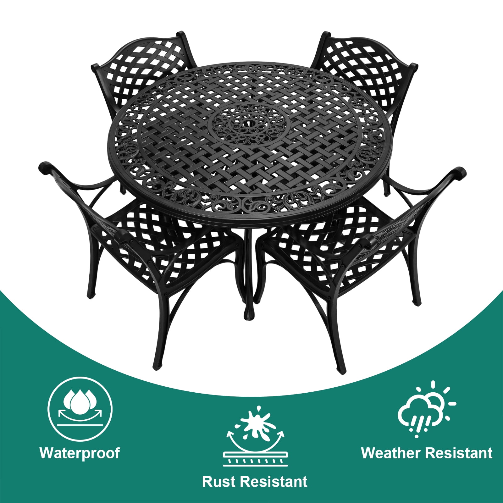 5 Pieces Cast Aluminium Patio Dining Set for 4-6 Person,Round 48" Patio Table and Chairs Set of 4 with 2.3" Umbrella Hole,Outdoor Patio Furniture Dining Set for Porch Backyard Deck, Black - Detailed View 5 | EuroLife Furniture
