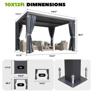 MELLCOM Louvered Pergola 10x12, Outdoor Rustproof Shelter with Adjustable Roof, Aluminum Gazebo with Waterproof Curtains and Netting for Patio Deck, Dark Grey