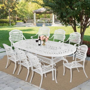 MEETWARM 9-Piece Outdoor Furniture Dining Set, All Weather Cast Aluminum Patio Garden Set with 8 Chairs,1 Oval Table, 2.2" Umbrella Hole, White