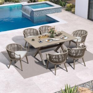 PURPLE LEAF Outdoor Dining Set All Weather Wicker Patio Dining Set with Rectangular Aluminum Table and Modern Armrest Dining Chairs for Garden Deck Backyard Kitchen