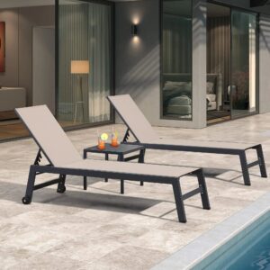 PURPLE LEAF Outdoor Textilene Chaise Lounge with Wheels for Outside Aluminum Patio Lounge Chair with 5 Adjustable Position Recliner for Patio, Beach, Yard, Pool, Side Table Included