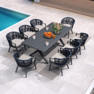 PURPLE LEAF Outdoor Dining Set All Weather Wicker Patio Dining Set with Rectangular Aluminum Table and Modern Armrest Dining Chairs for Garden Deck Backyard Kitchen
