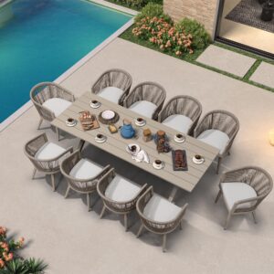 PURPLE LEAF Outdoor Dining Table Set All-Weather Aluminum with Wood Grain Table and Rope Woven Chairs Includes Backyard Patio Cushions