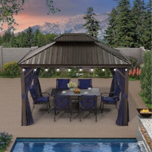 PURPLE LEAF Outdoor Hardtop Gazebo for Patio Bronze Aluminum Frame Pavilion with Navy-Blue Curtain and String Lights-milky