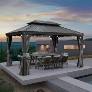 PURPLE LEAF Patio Gazebo for Backyard Grey Hardtop Galvanized Steel Roof Awning with String Lights-clear