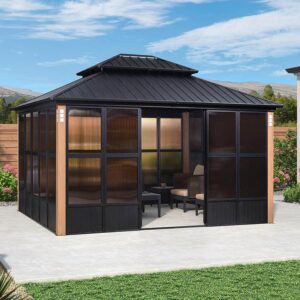 PURPLE LEAF Sunroom Hardtop Gazebo with Wood Grain Columns Black Frame Double Roof Galvanized Steel Solarium All-Weather Screen House