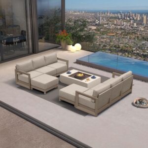 PURPLE LEAF Caesar L-shaped Patio Conversation Set with Khaki Cushion Pillows and Ottoman Couch for Backyard Porch